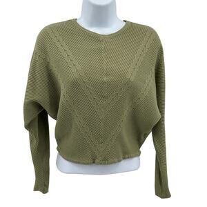 Tahari Sweater WMNS XS Olive Green Chevron Knit Crewneck Crop Modern Minimalist